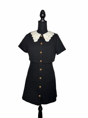 Cider Women’s Black Dress with White Crochet Collar Button-Front Dress XS